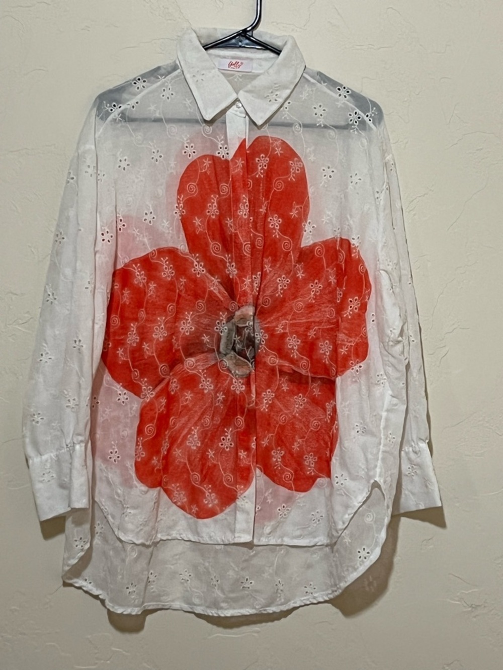 YOLLY White Eyelet Embroidery Button-Up Top with LARGE Orange Poppy Print OS
